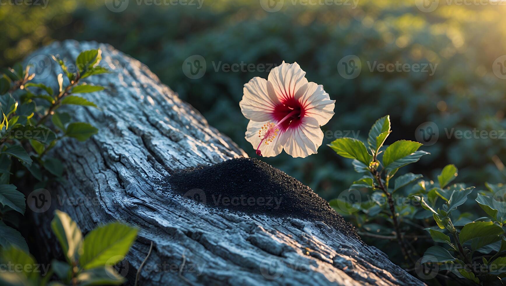 White Hibiscus Flower Blooming on Log with Dark Sand in Nature photo