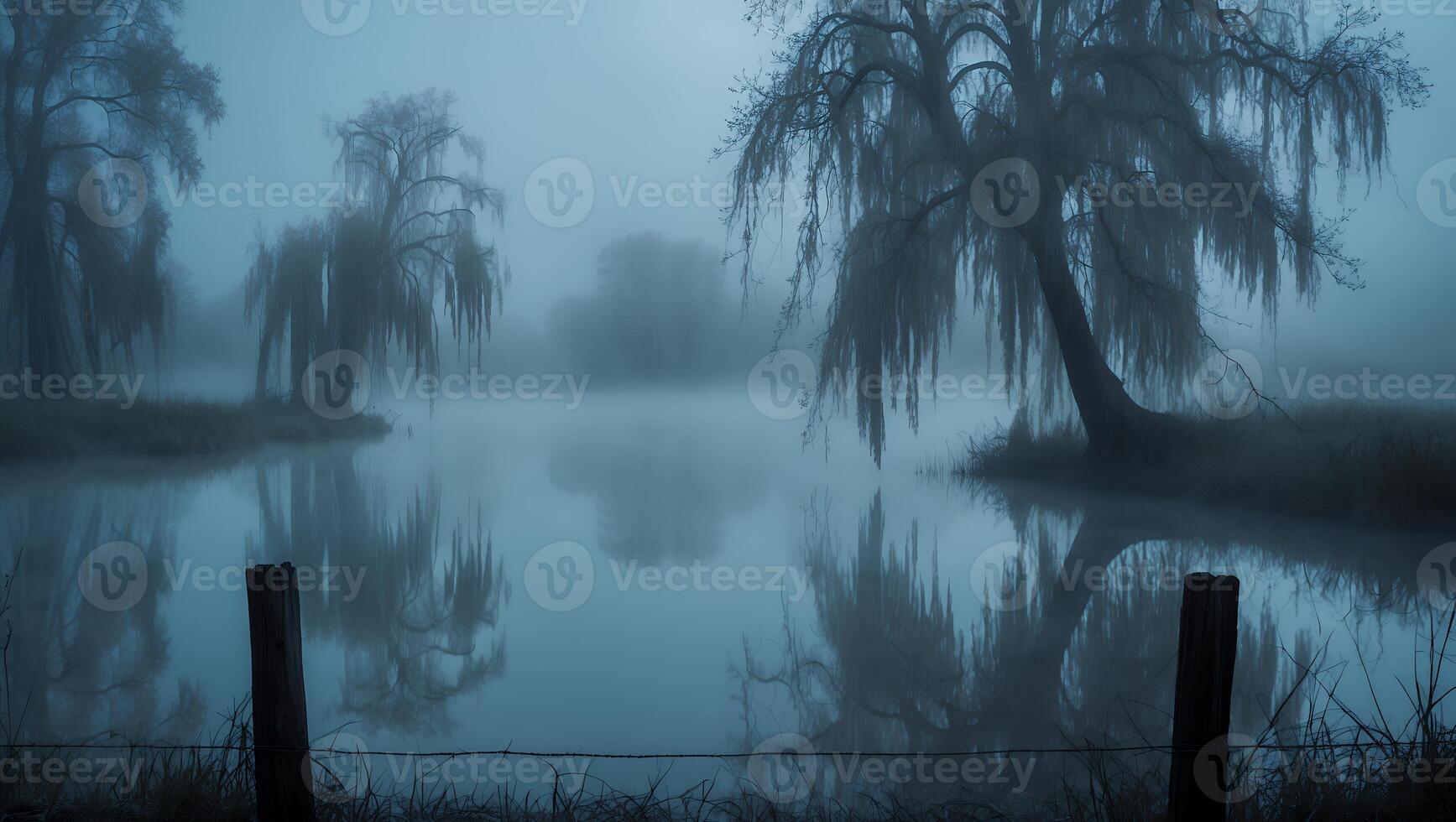 Foggy Lake Scene with Trees and Reflections Creates Atmospheric Landscape photo