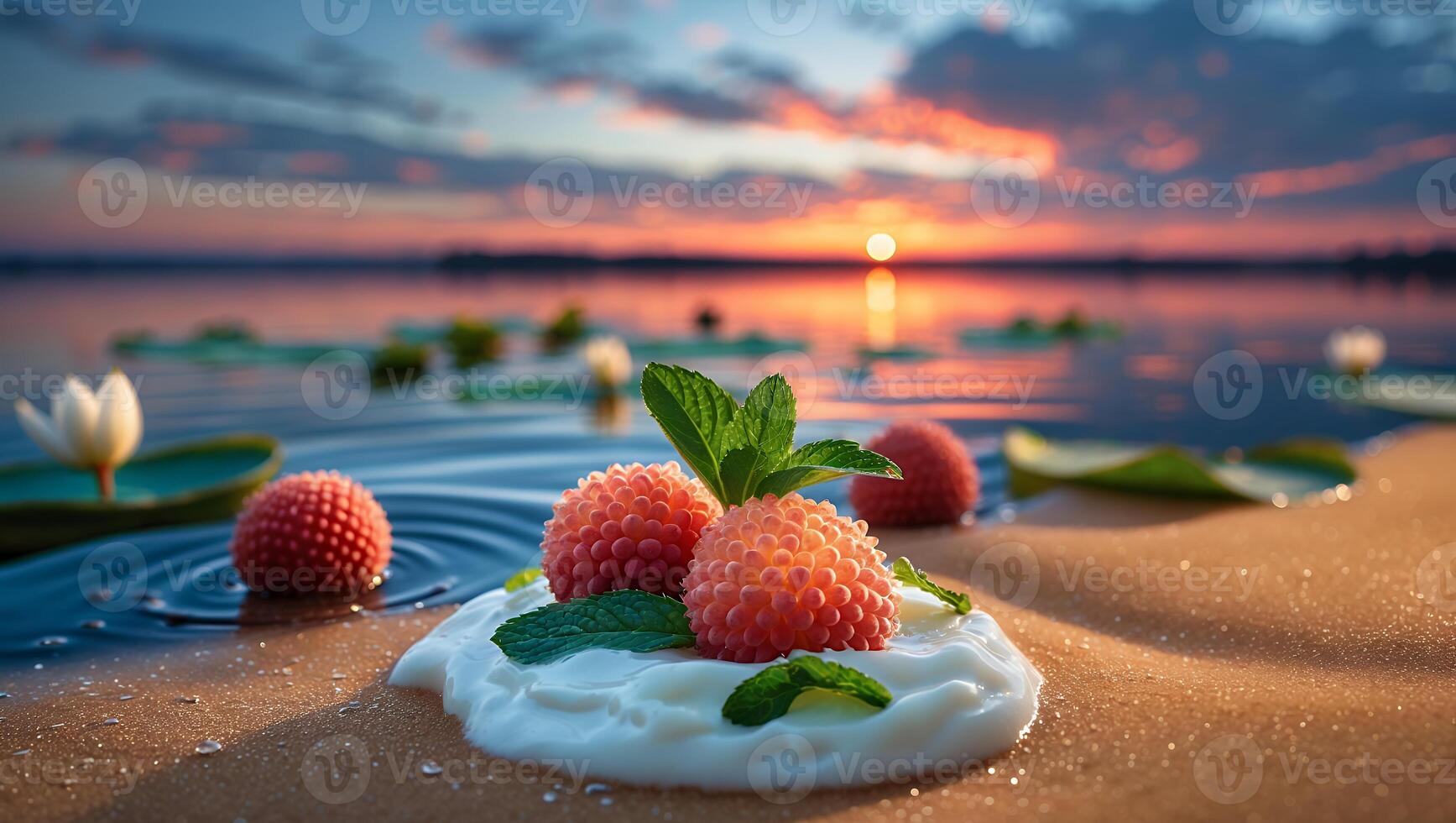 Tropical Fruit with Cream and Mint at Beautiful Lakeside Sunset photo