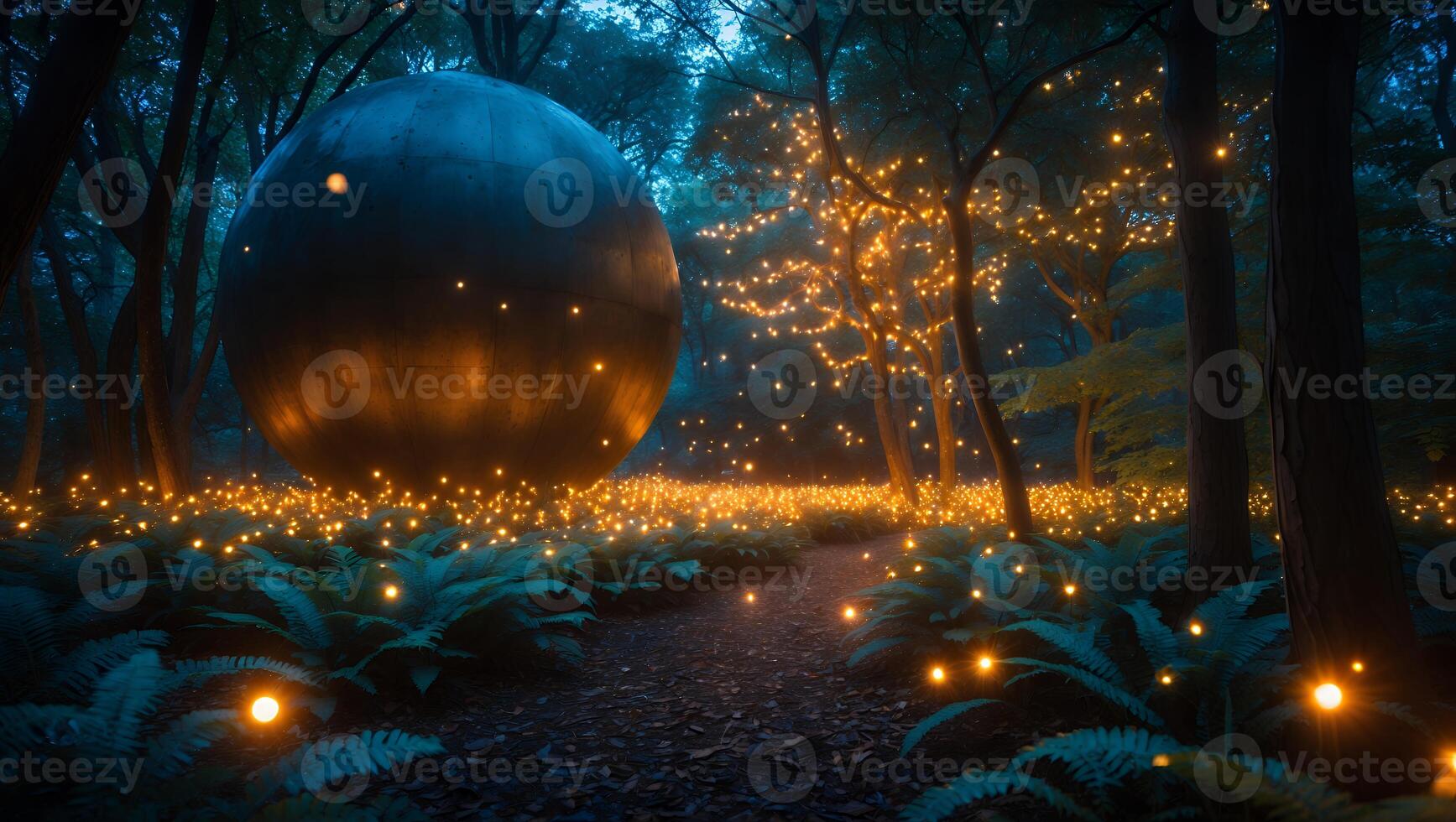 Mystical Forest Glowing with Lights and Large Sphere Artwork photo