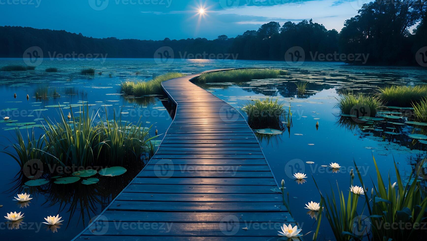 Walkway Over Lake with Lily Pads at Dusk Serene Nature Scene photo