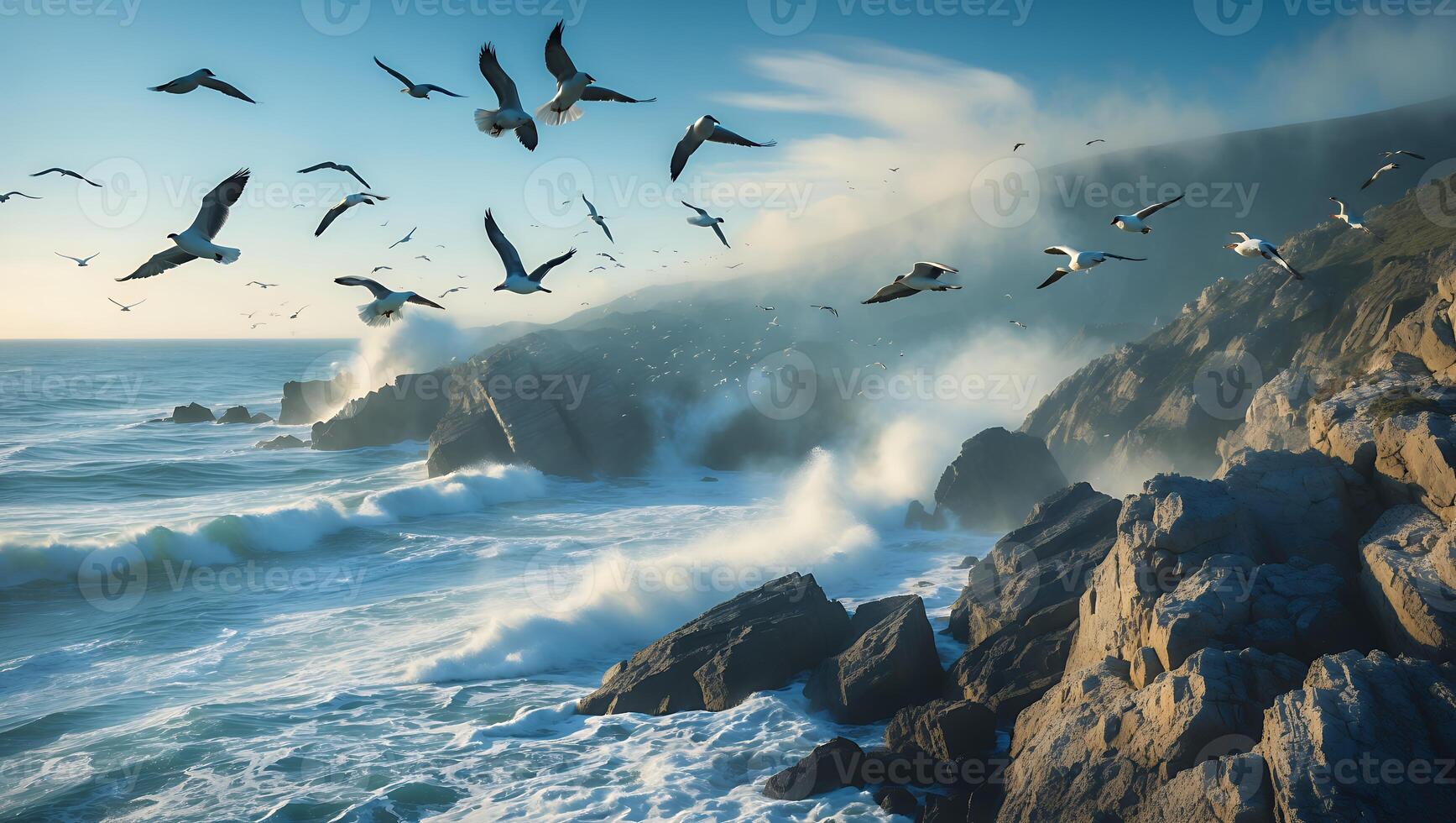 Seagulls Flying Over Rocky Coastline with Waves Crashing and Mist photo