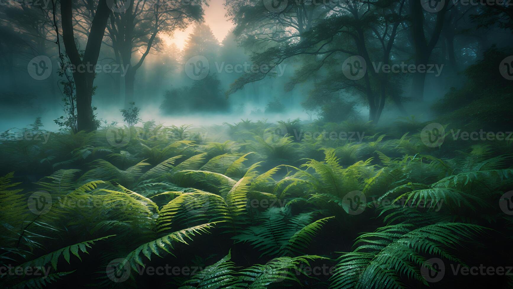 Ferns Growing in Misty Forest with Light Shining Through Trees photo
