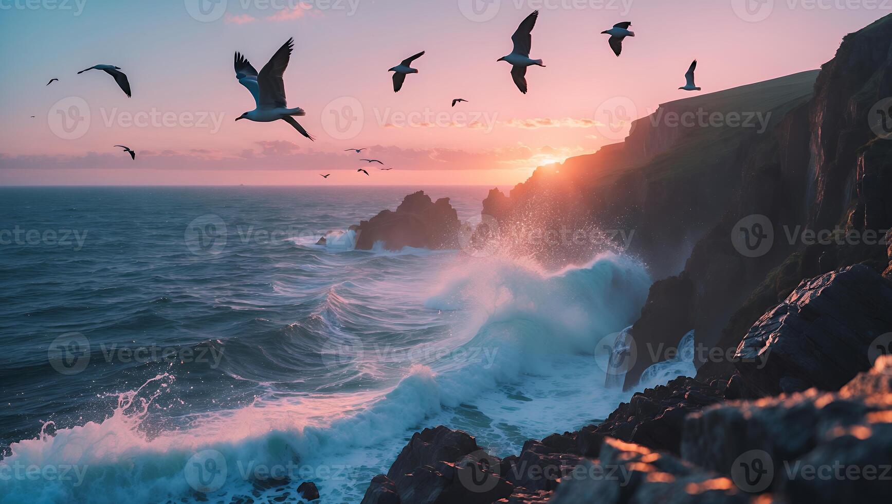 Ocean Waves Crashing on Rocky Coastline at Sunset with Birds Flying photo