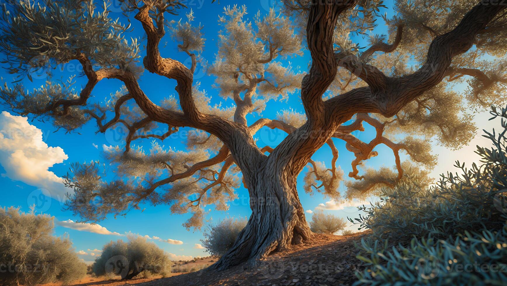 Majestic Tree Spreading Branches Under Blue Sky with White Clouds photo