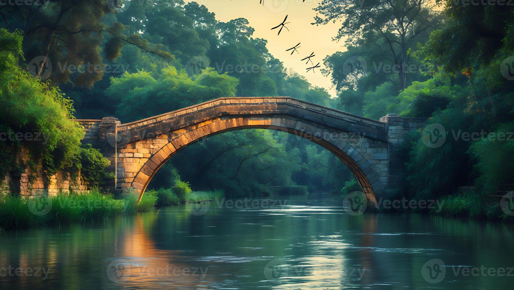 Stone Arch Bridge Over Calm River Surrounded by Lush Greenery photo