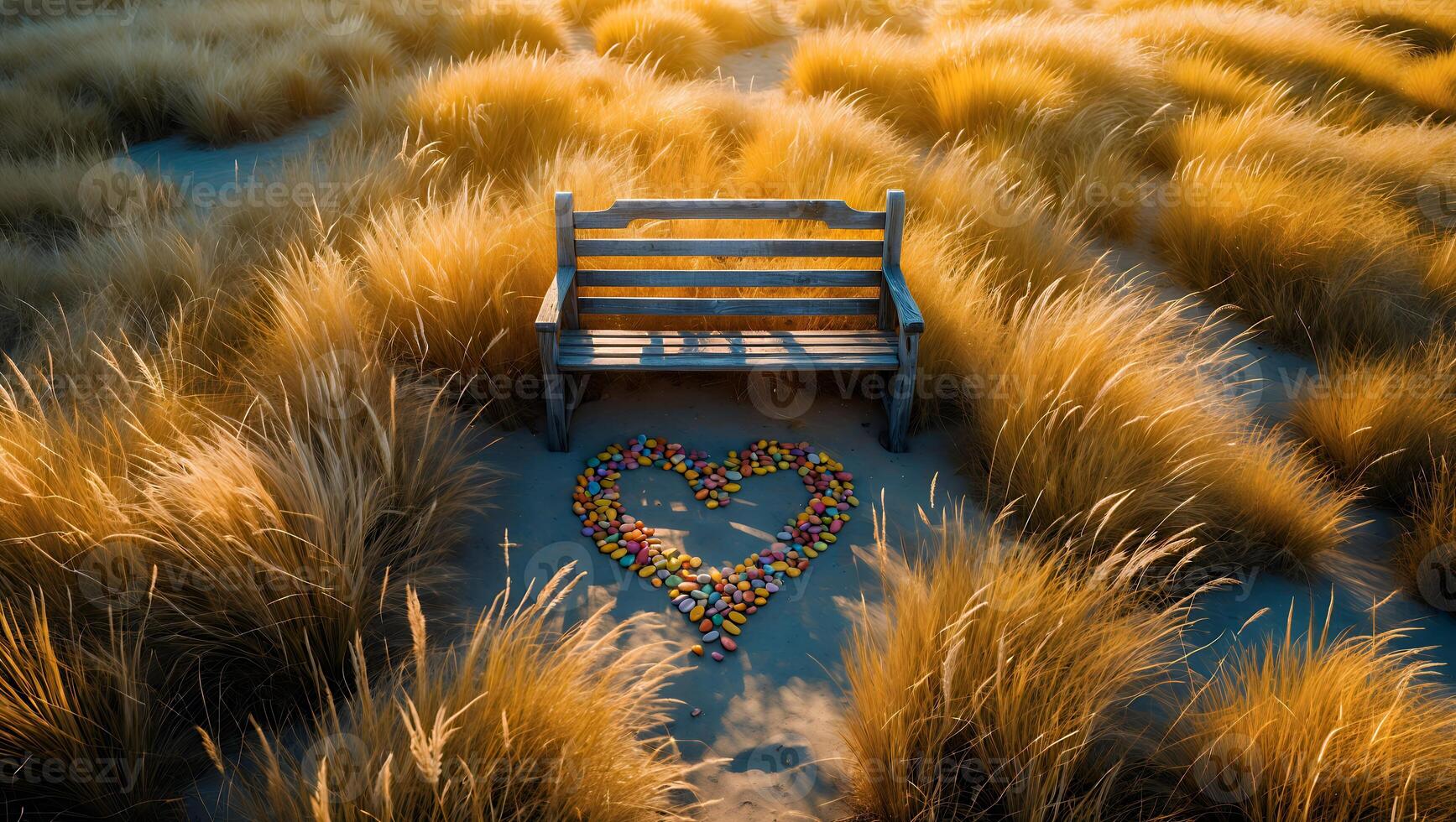 Bench and Heart Made of Stones Surrounded by Grass at Sunset photo