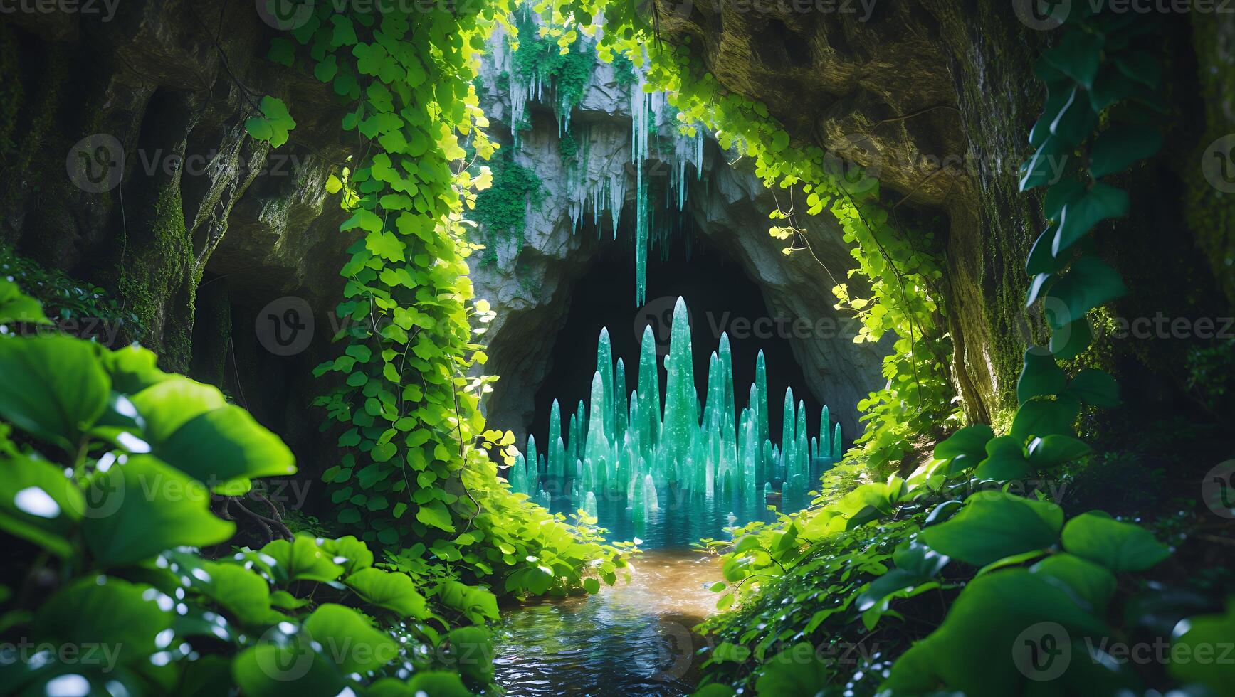 Cave Entrance with Lush Greenery and Blue Crystal Formations in Water photo