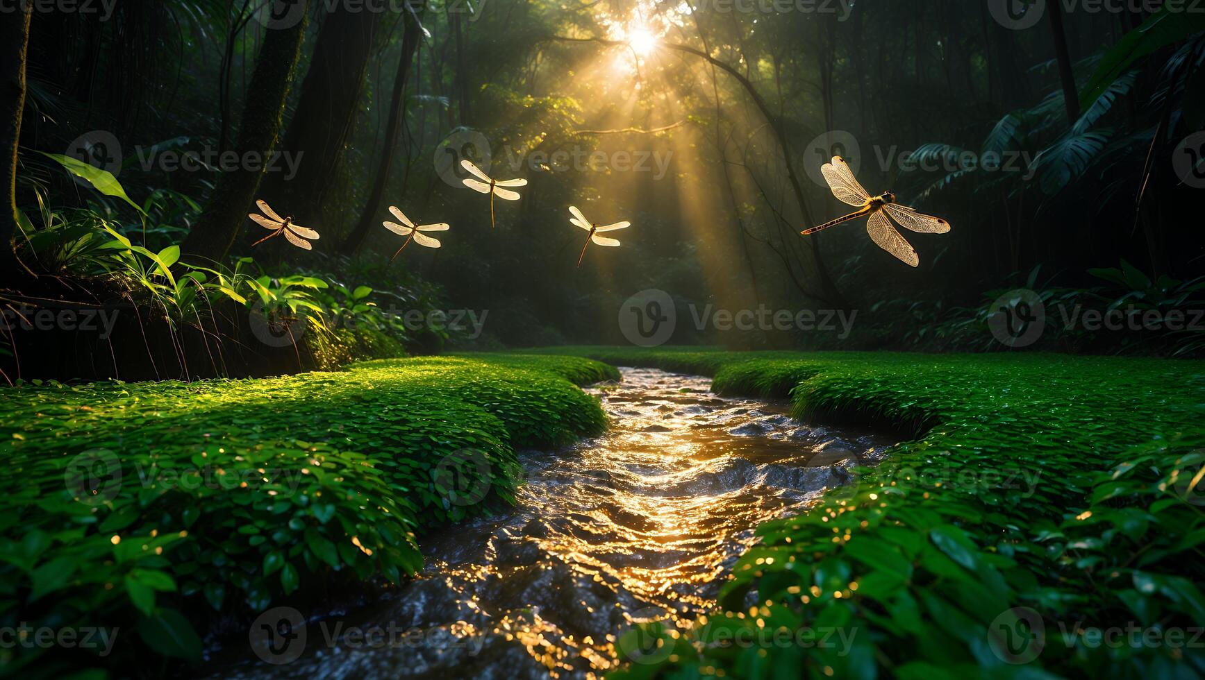 Dragonflies Hovering Above Forest Stream with Sunlight Filtering Through Trees photo