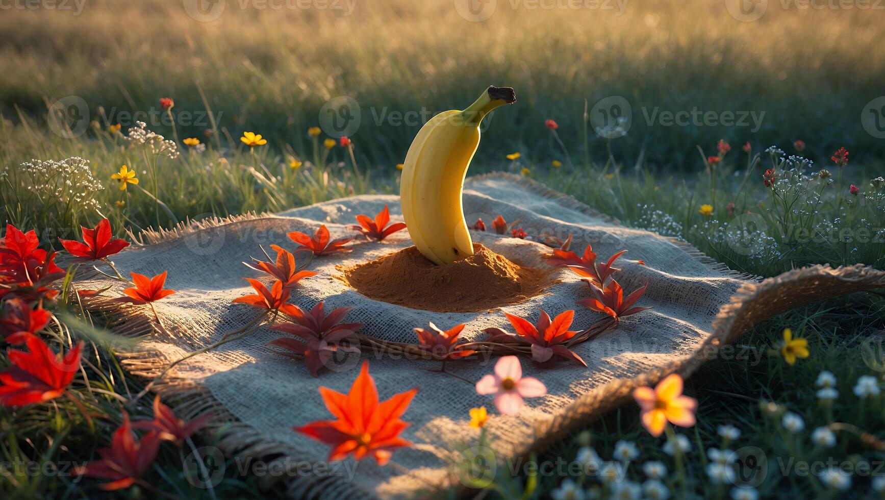 Banana on Cloth with Red Leaves in a Floral Meadow photo