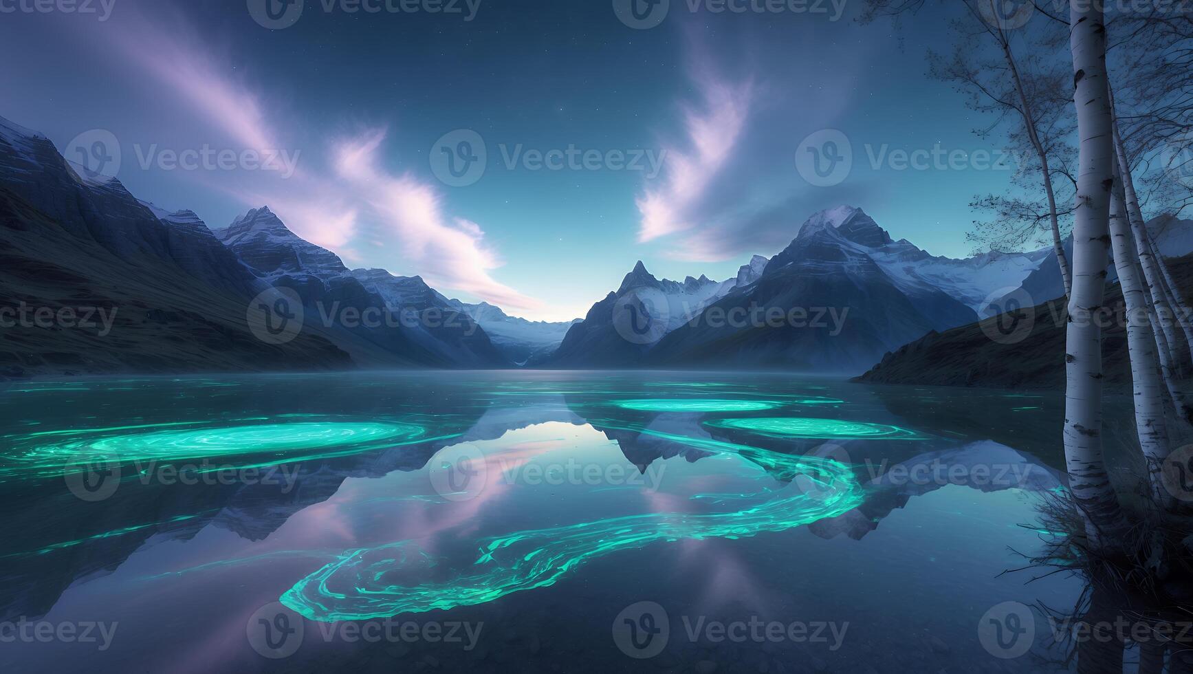 Still Lake Reflecting Mountain Peaks and Cloudy Sky with Green Lights photo