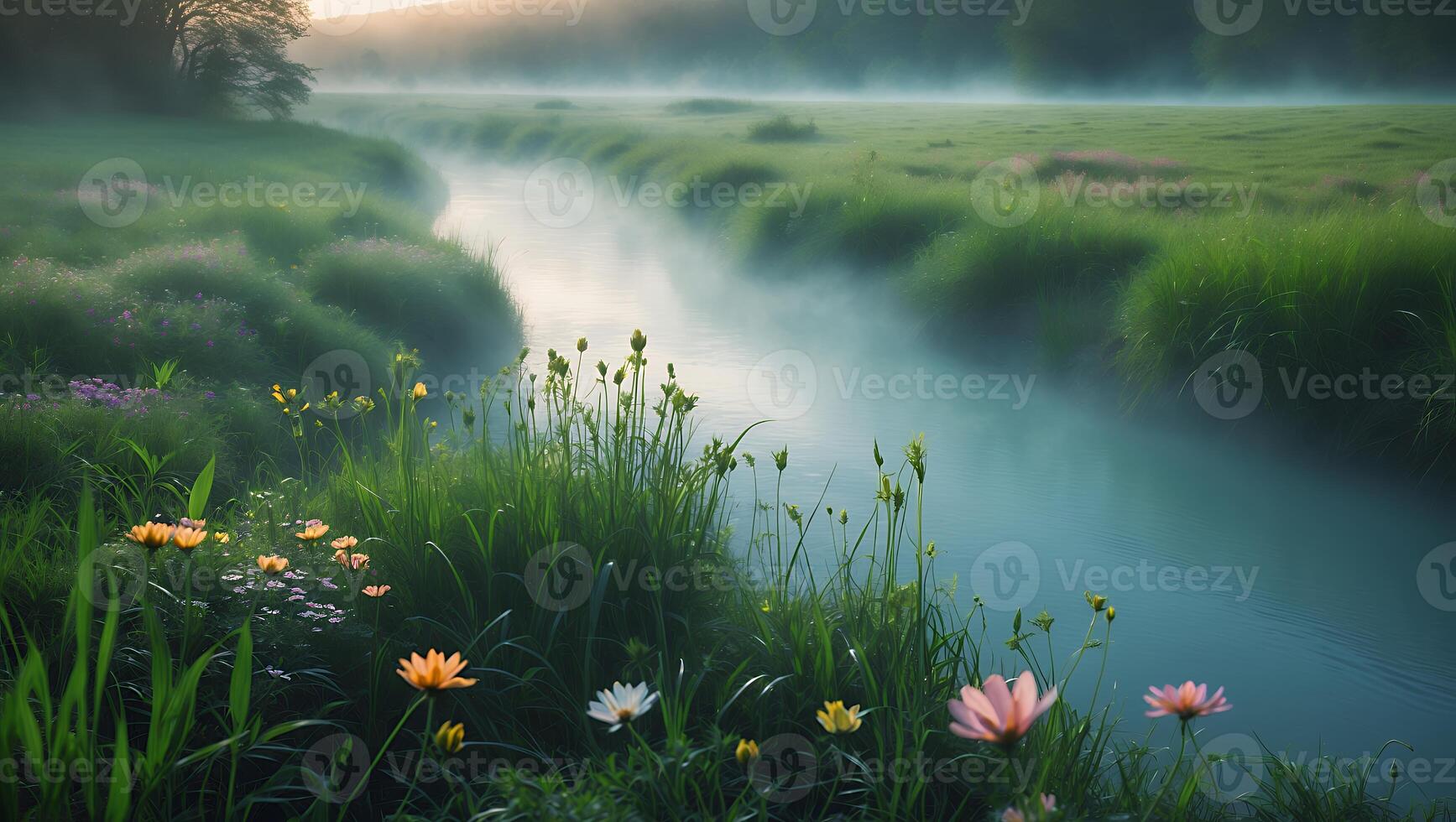 Tranquil Stream with Flowers and Morning Mist Flowing Through Meadow photo