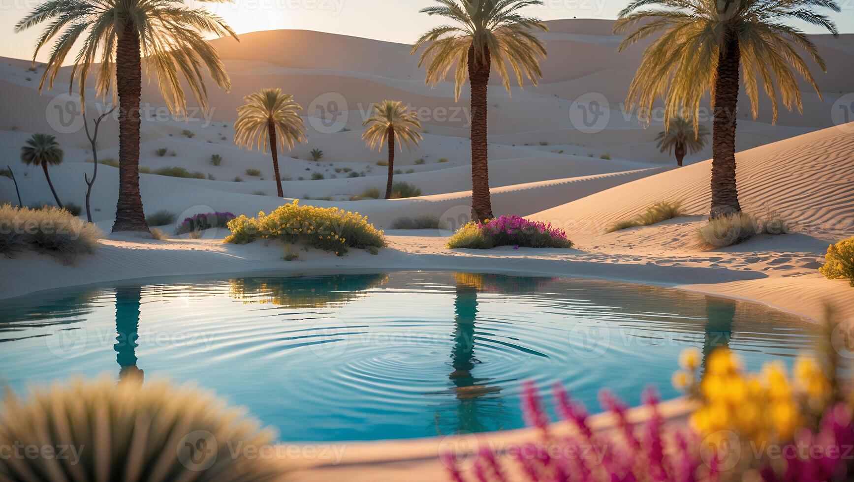 Oasis Water Pool in Desert Landscape with Palm Trees and Flowers photo