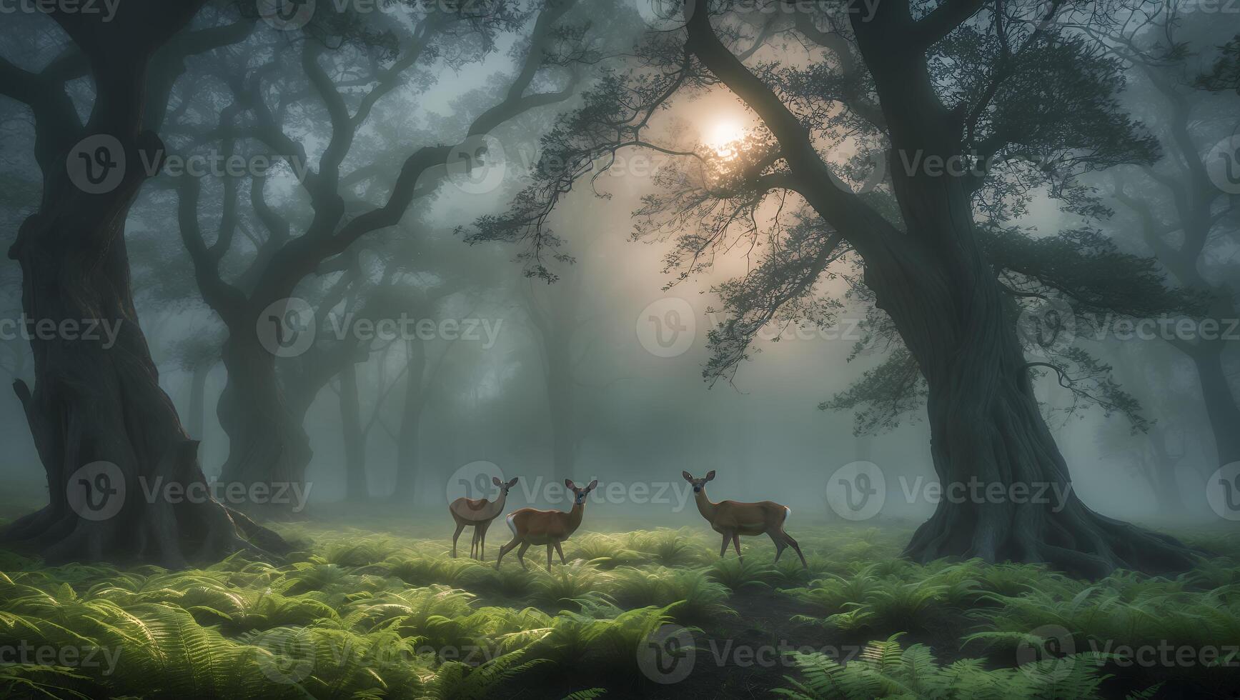 Deer Grazing in Foggy Forest at Dusk with Sun Peeking Through photo