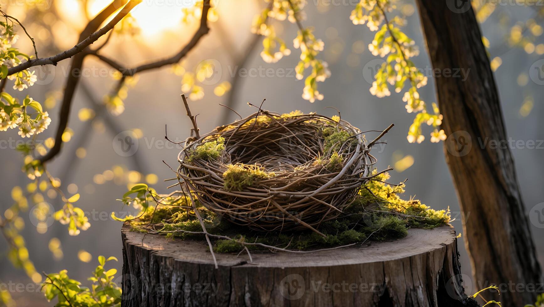 Bird Nest on Tree Stump in Forest with Sunlit Blossoms photo