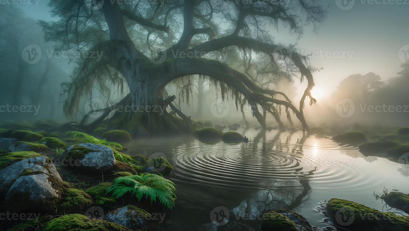 Foggy Forest with Old Tree Reflections and Water Ripples photo