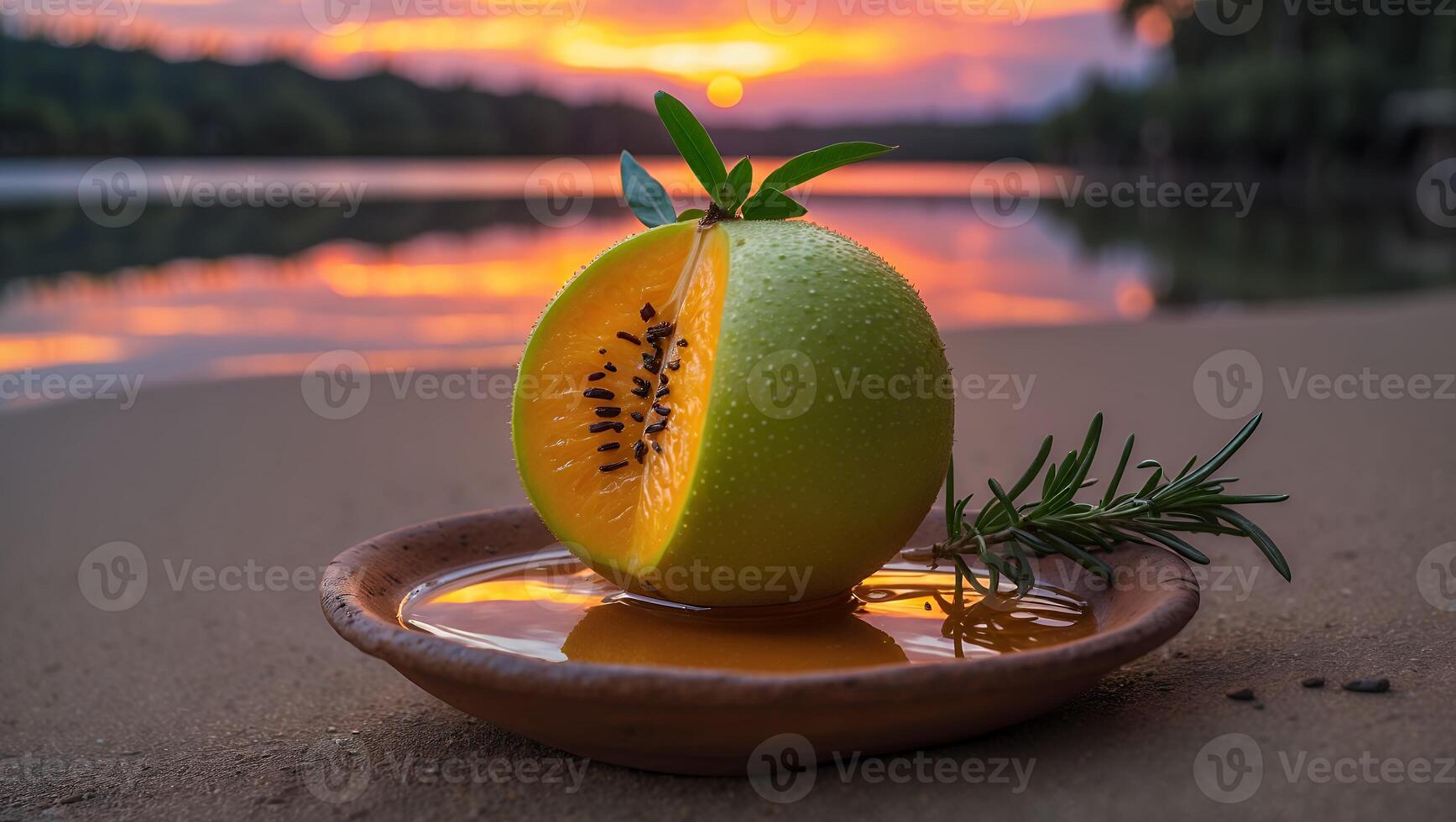 Sliced Fruit on Clay Plate with Rosemary at Sunset Beach photo