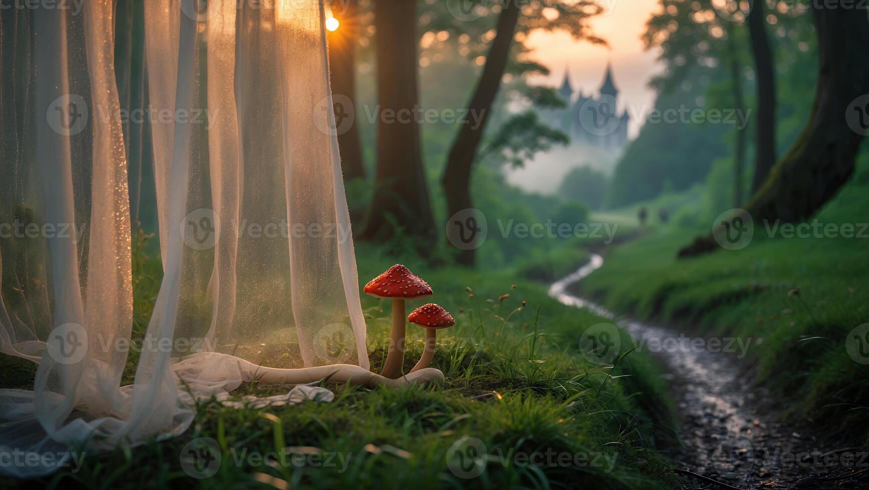 Mushrooms and Sheer Fabric in Enchanted Forest with Distant Castle photo