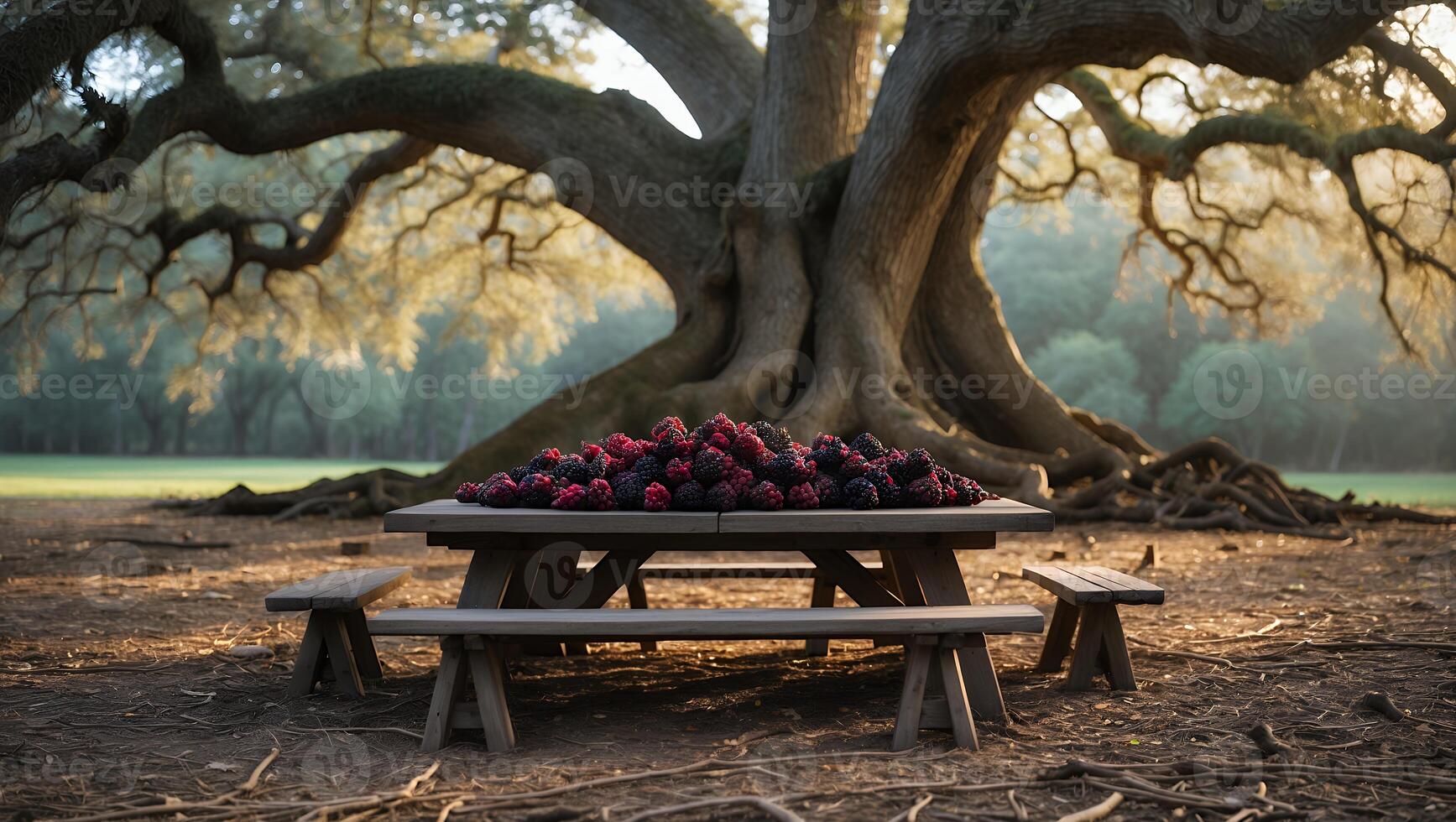 Pile of Berries on Picnic Table Under Large Tree in Park photo