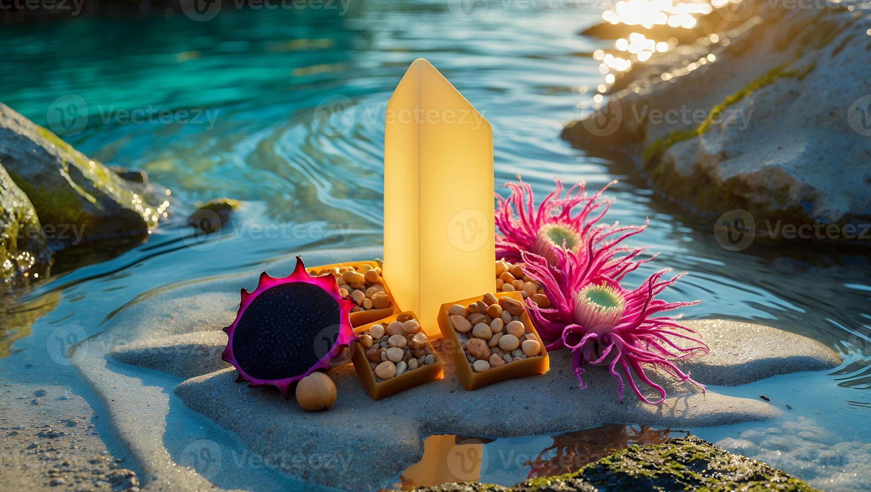Objects on Beach with Turquoise Water and Sunlight Creating a Serene Scene photo