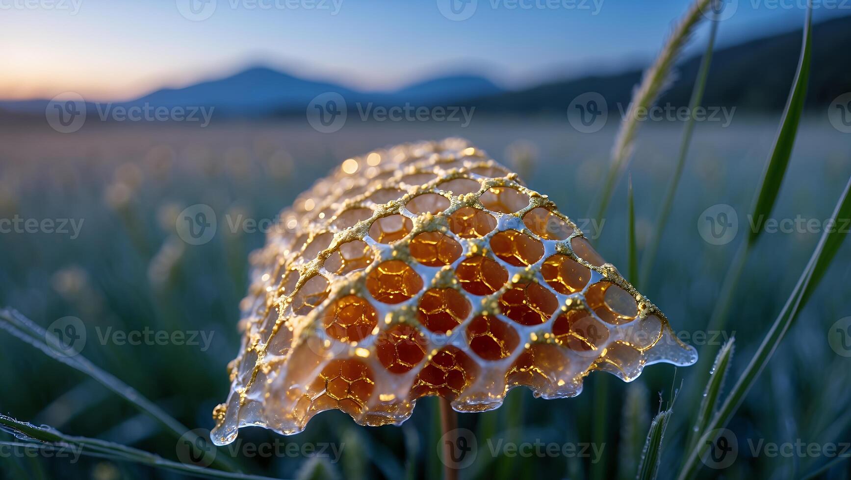 Dew Covered Geometric Object in Meadow at Dusk with Mountains photo