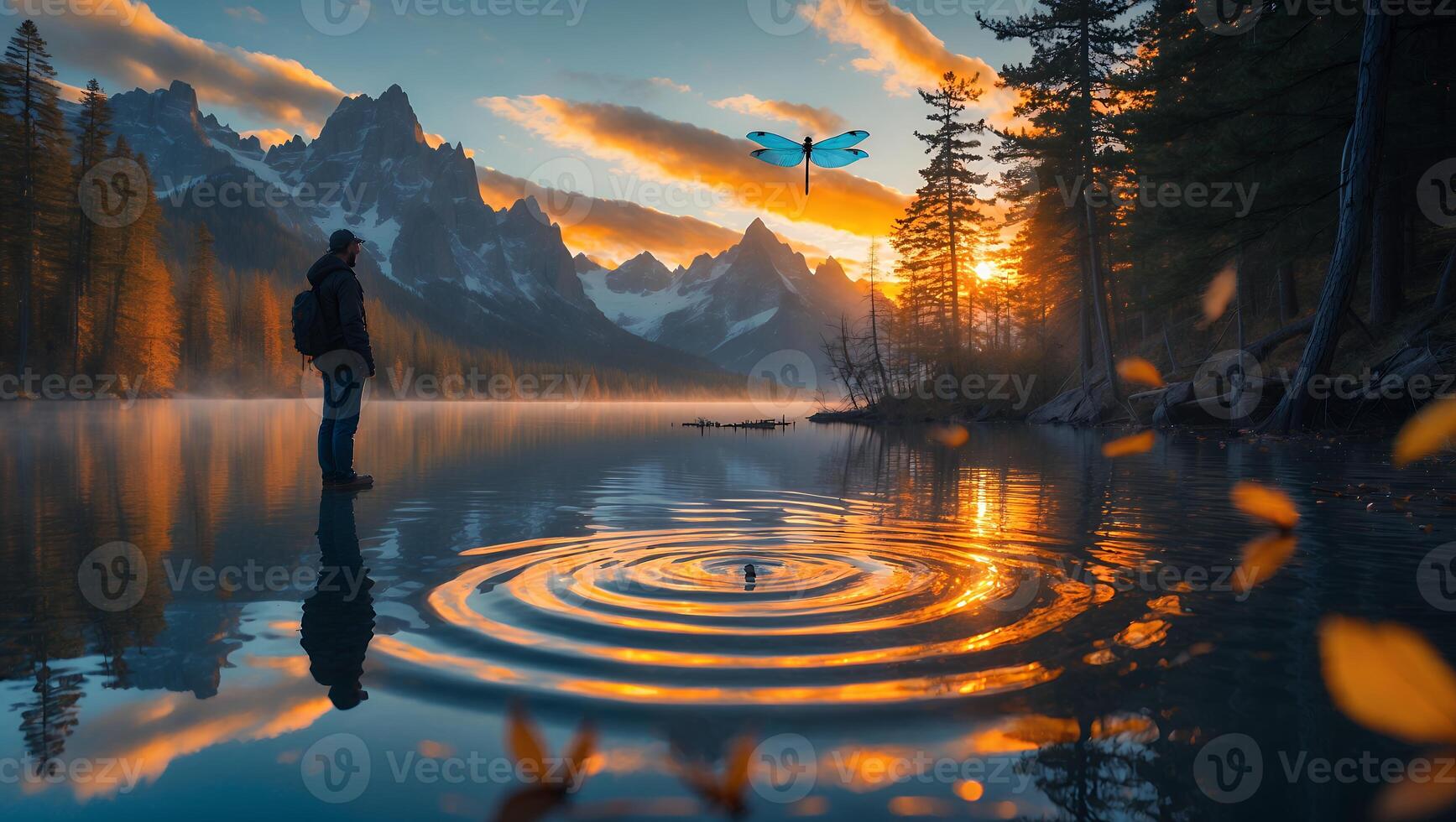 Man by Lake Watching Dragonfly at Sunset with Mountain Backdrop photo