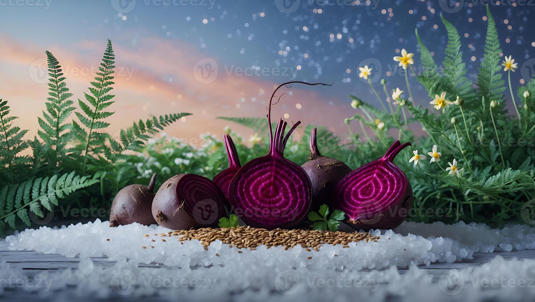 Beets with Ferns and White Flowers Against Soft Sky Backdrop photo