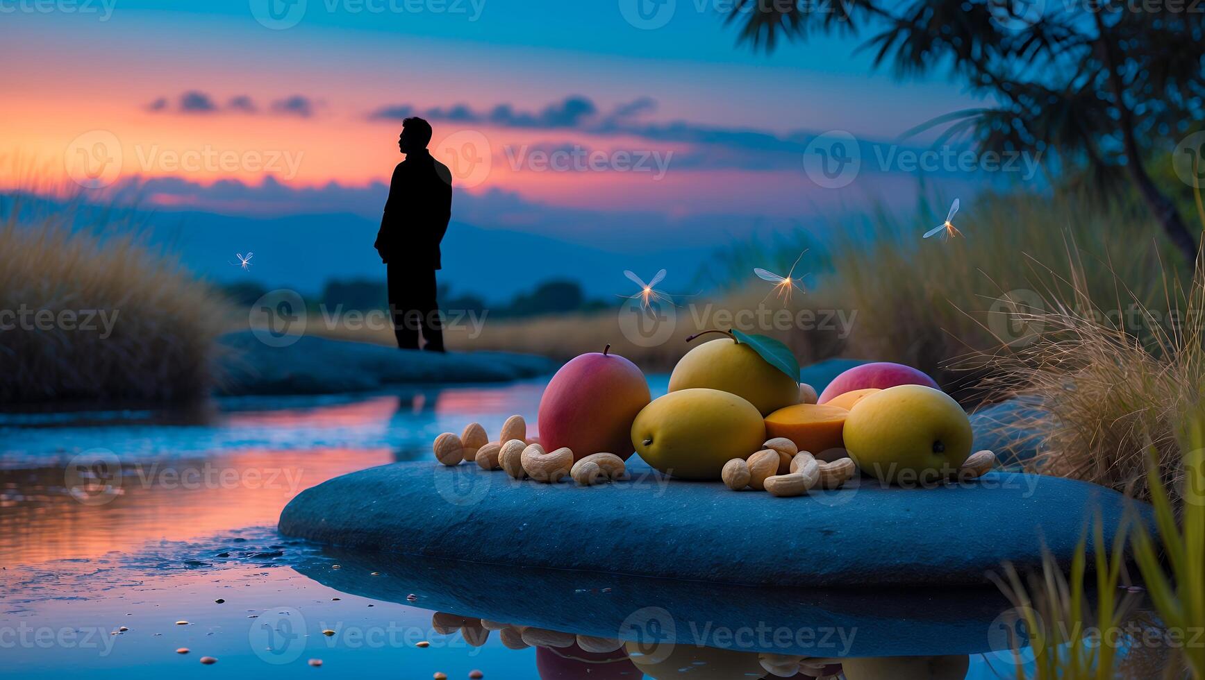 Fruit and Nuts Still Life by River at Dusk with Figure photo