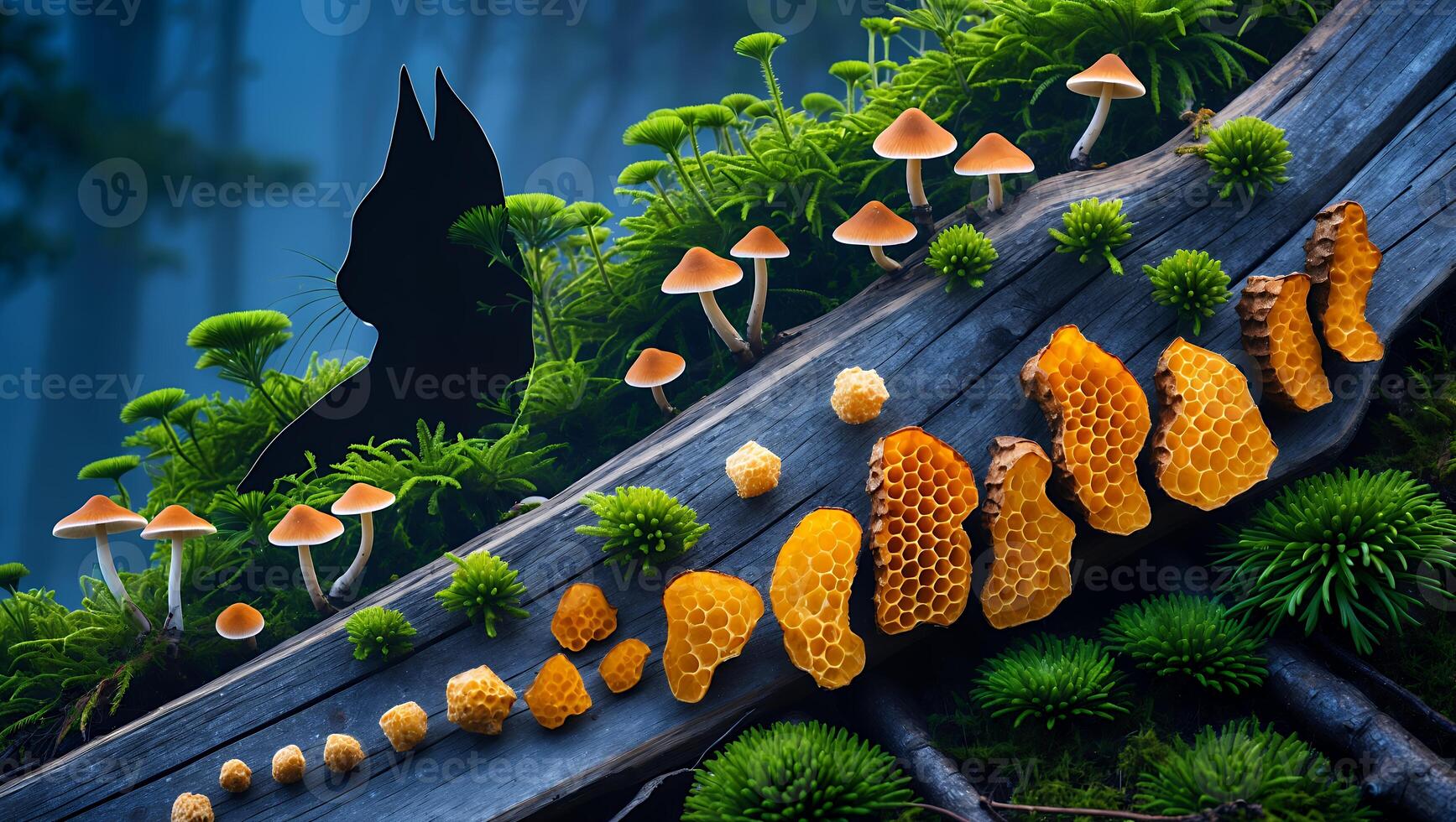 Mushrooms and Honeycomb on Log with Moss in a Forest Scene photo