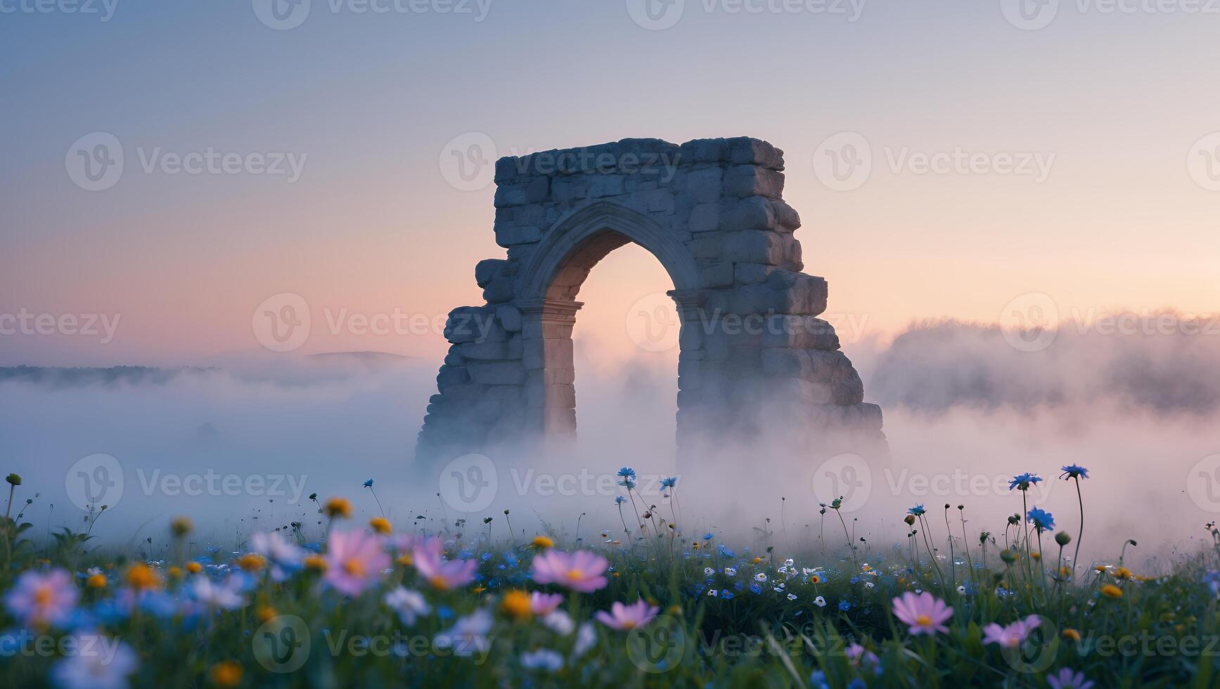 Old Stone Archway Emerging From Fog Above Wildflower Meadow photo