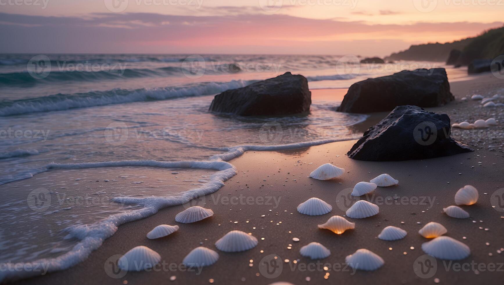 Seashells on Sandy Beach at Sunset with Calm Ocean Waves photo
