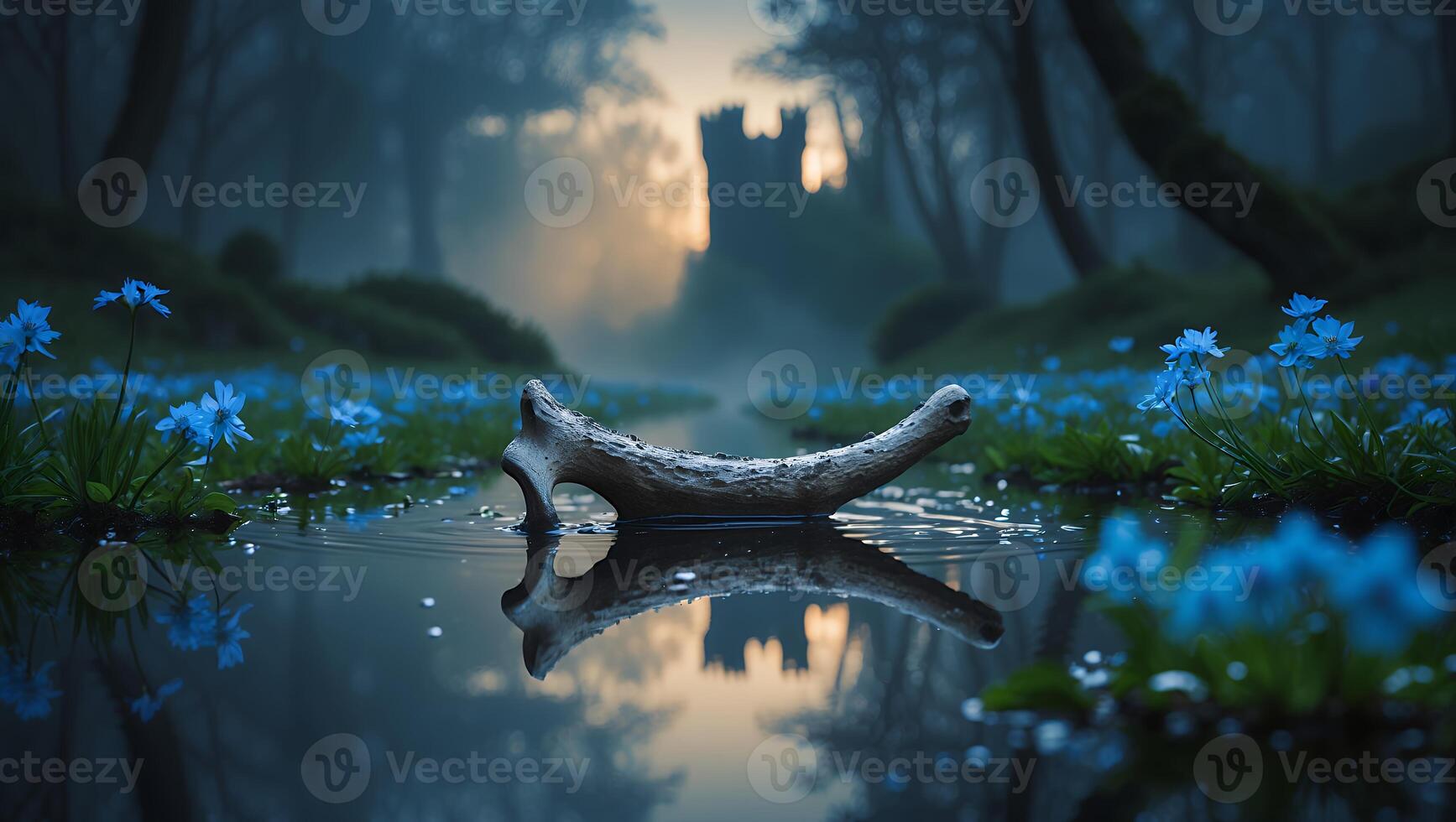 Floating Antler in Forest Pool Reflecting Medieval Castle at Dawn photo