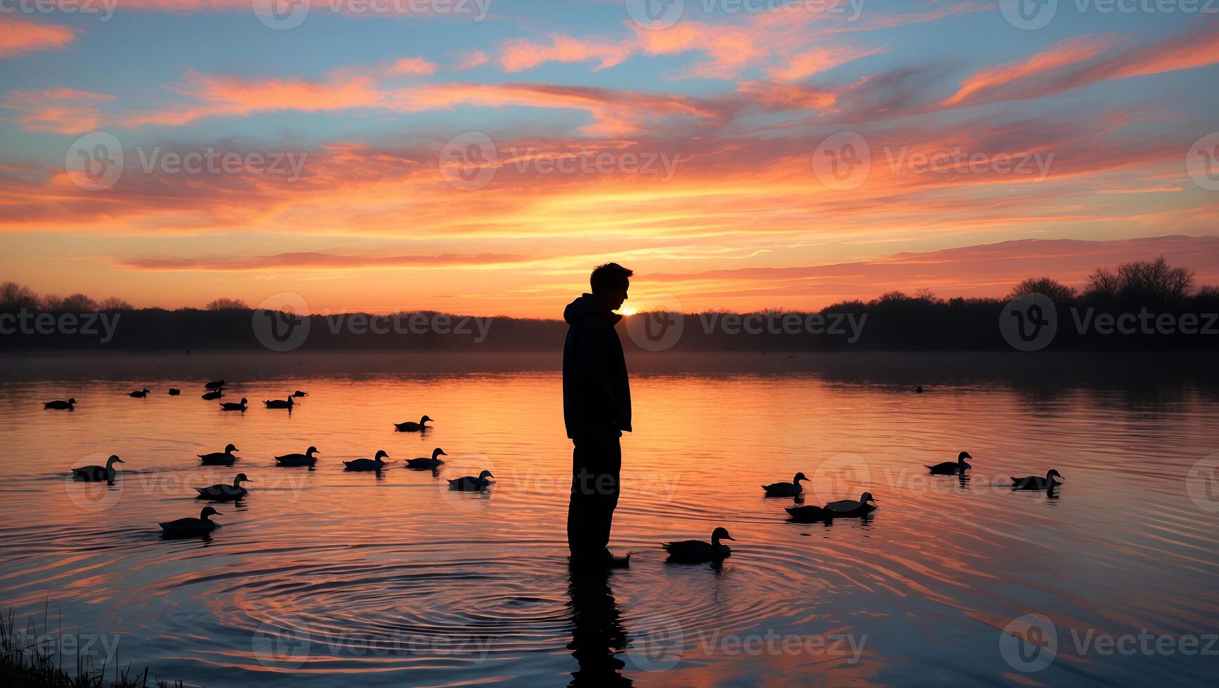 Person Standing in Lake with Ducks at Vibrant Sunset Scenery photo