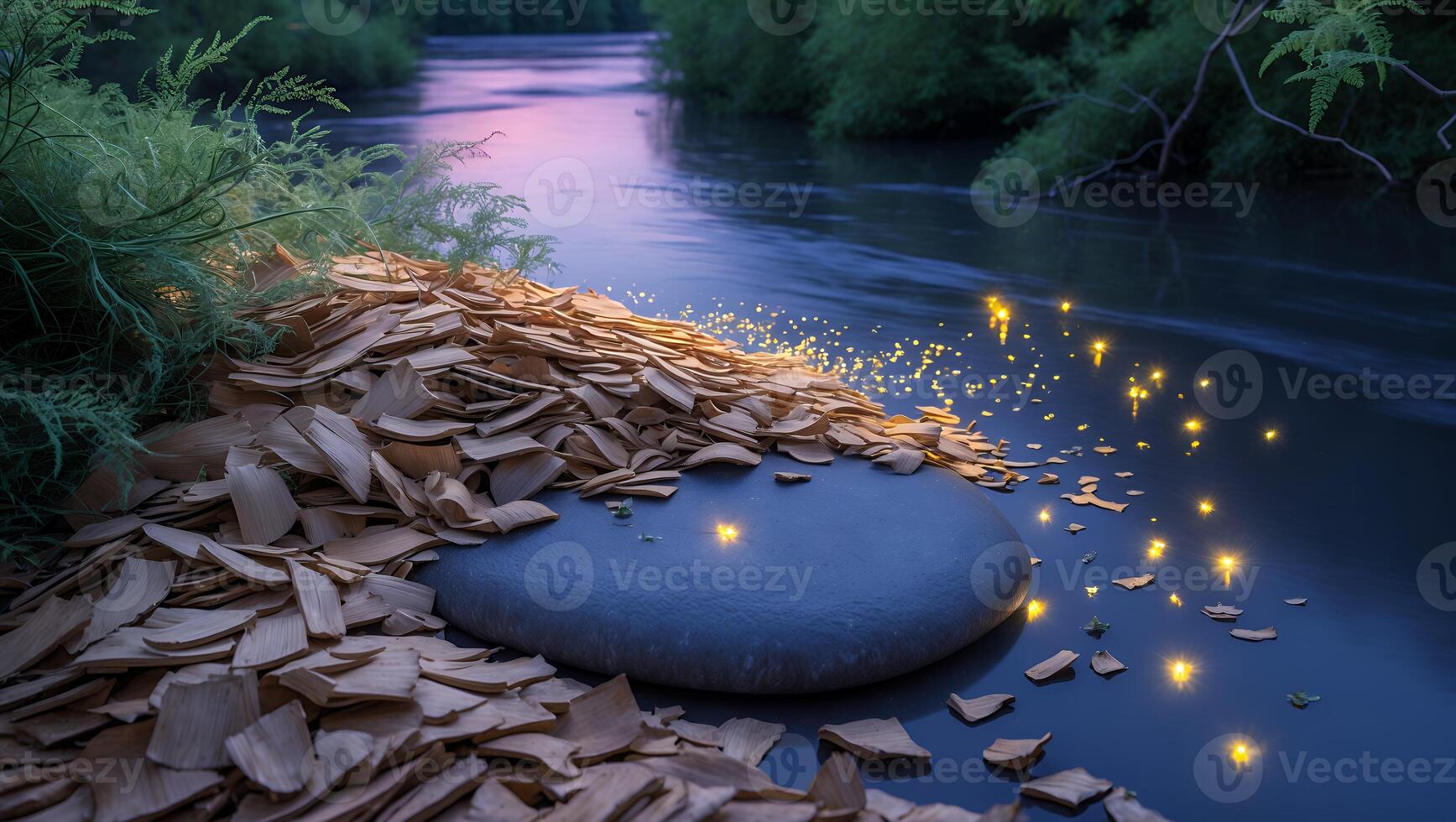 Riverbank Landscape with Rock and Sparkling Lights at Twilight Time photo