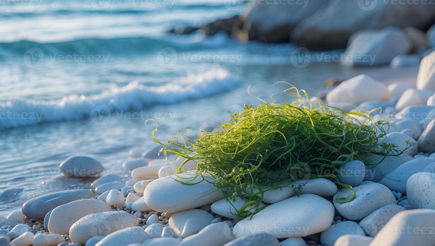 Green Seaweed on White Pebbles Beside Soft Ocean Waves Crashing photo