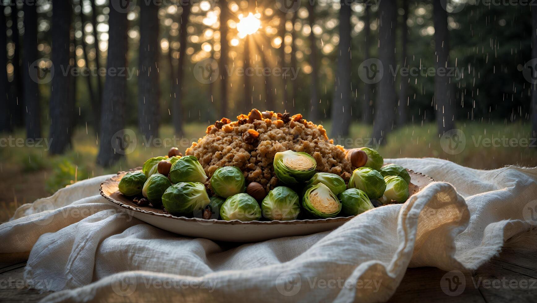 Plate of Sprouts and Grains in Forest with Sunlight Filter photo