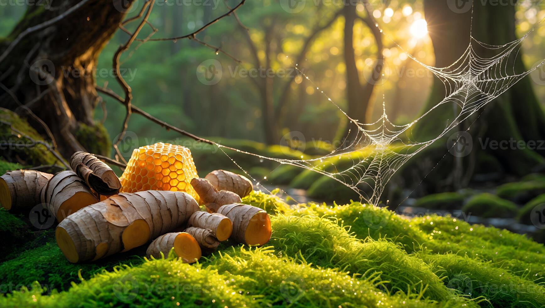Turmeric and Honeycomb on Moss in Forest with Cobweb Sunlight photo