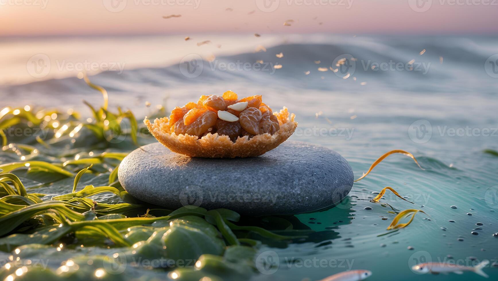 Food Basket on Stone with Seaweed and Ocean View at Sunset photo