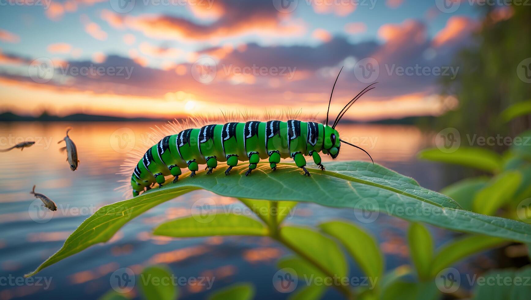 Caterpillar Crawling on Leaf by Lake at Sunset with Colorful Sky photo
