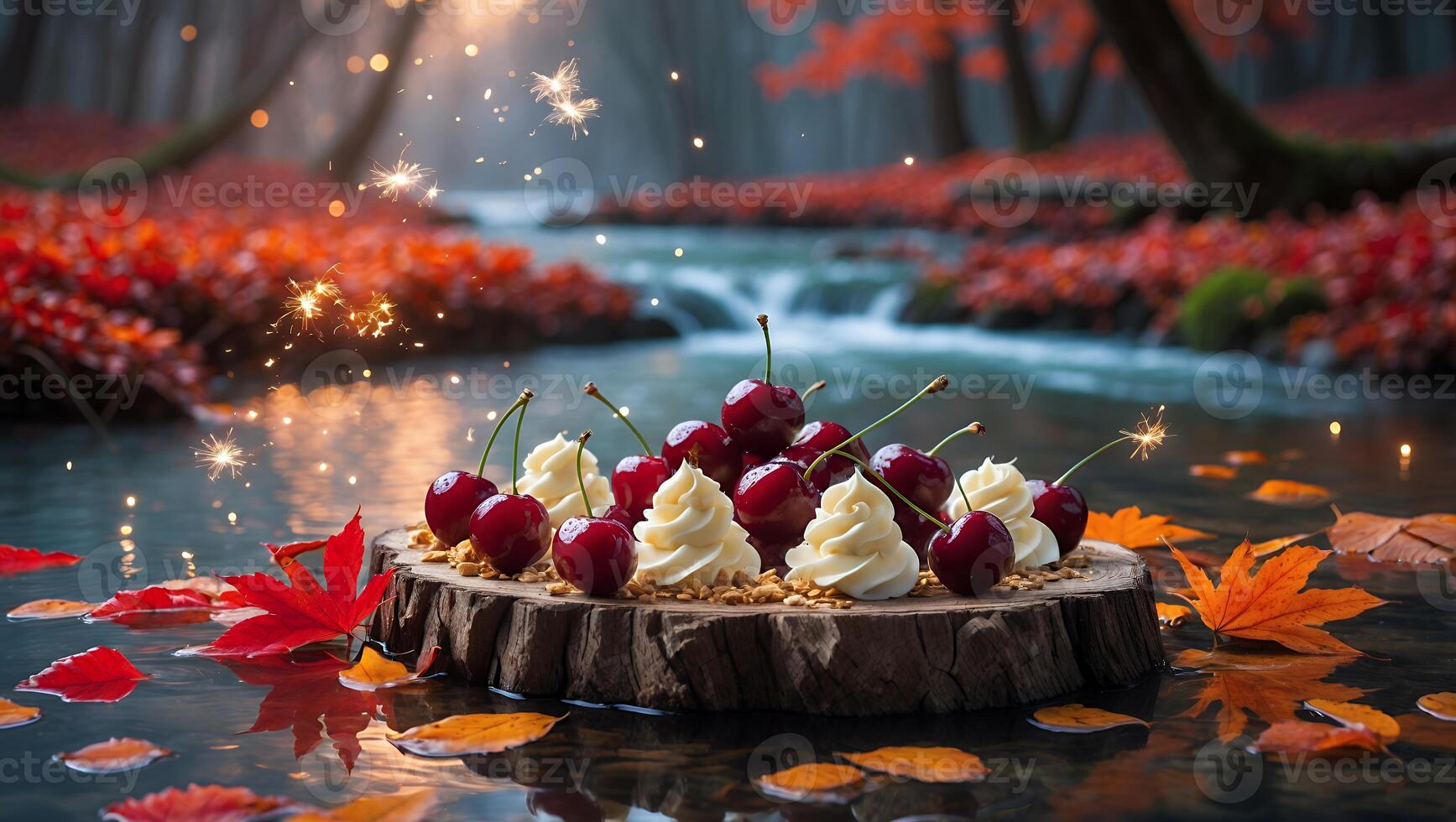 Cherries and Cream on Log in Autumn Stream Setting photo