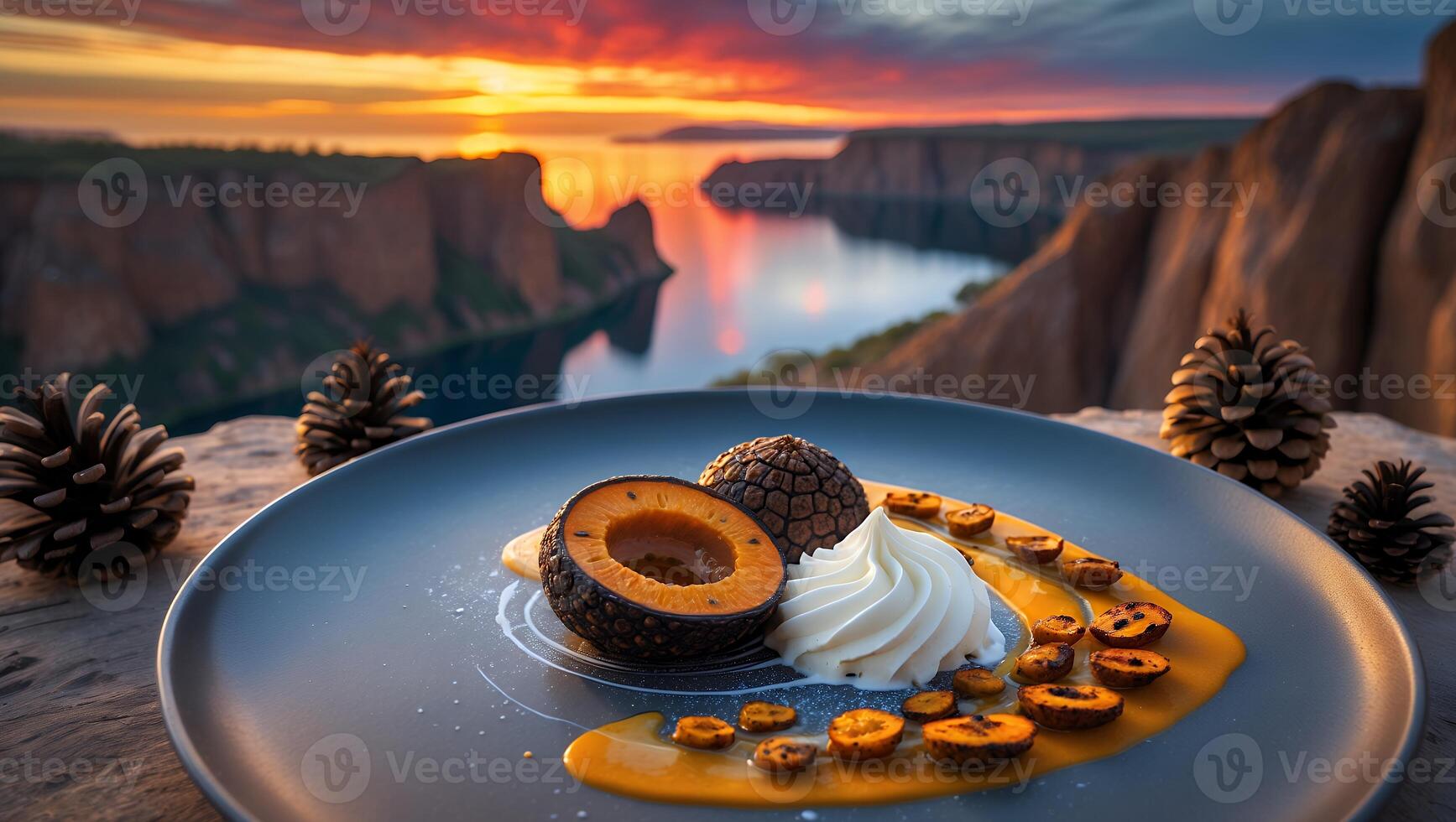 A dessert on a plate with a view of the sunset photo