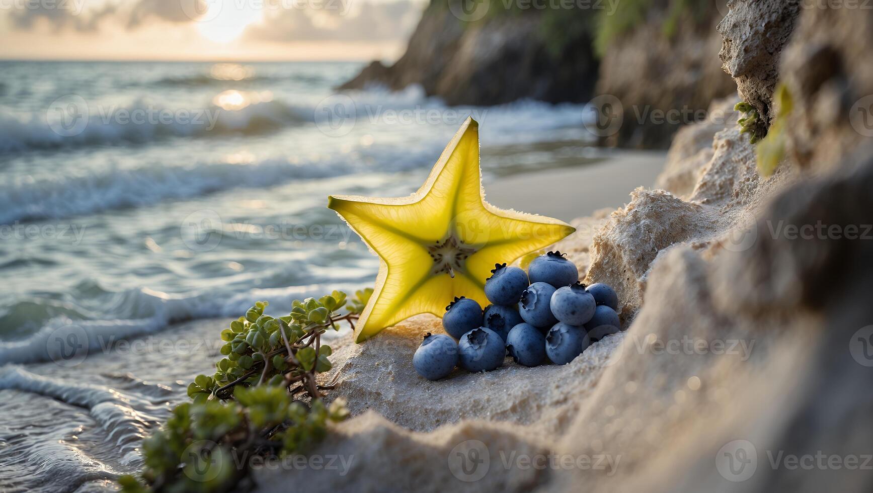 Arrangement of Star Fruit and Blueberries on a Sandy Beach at Sunset photo