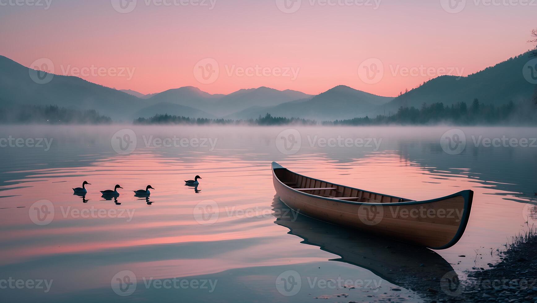 Canoe on Misty Lake at Sunrise with Ducks and Mountain Views photo