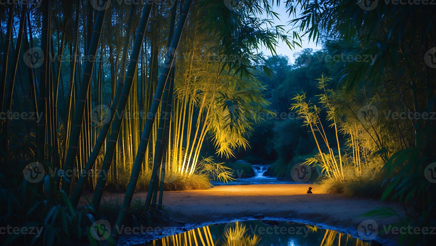 Bamboo Forest by Stream Reflecting Light Into Pool at Night photo
