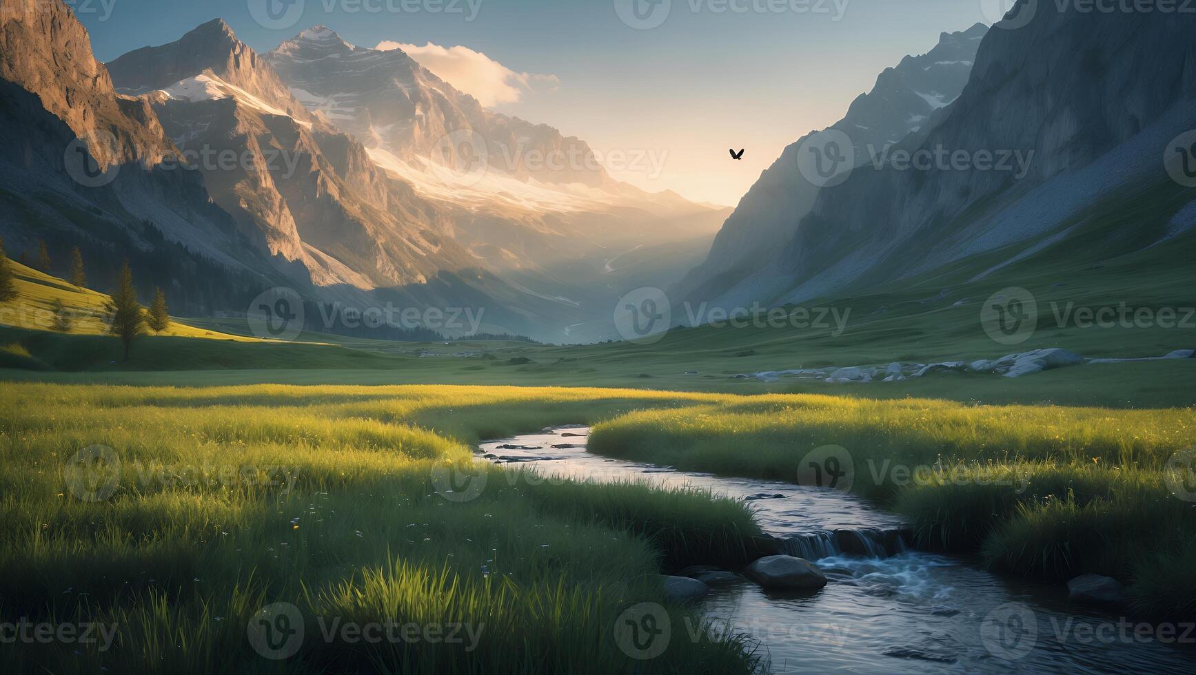 Stream Flowing Through Mountain Valley with Meadow and Bird Flying photo