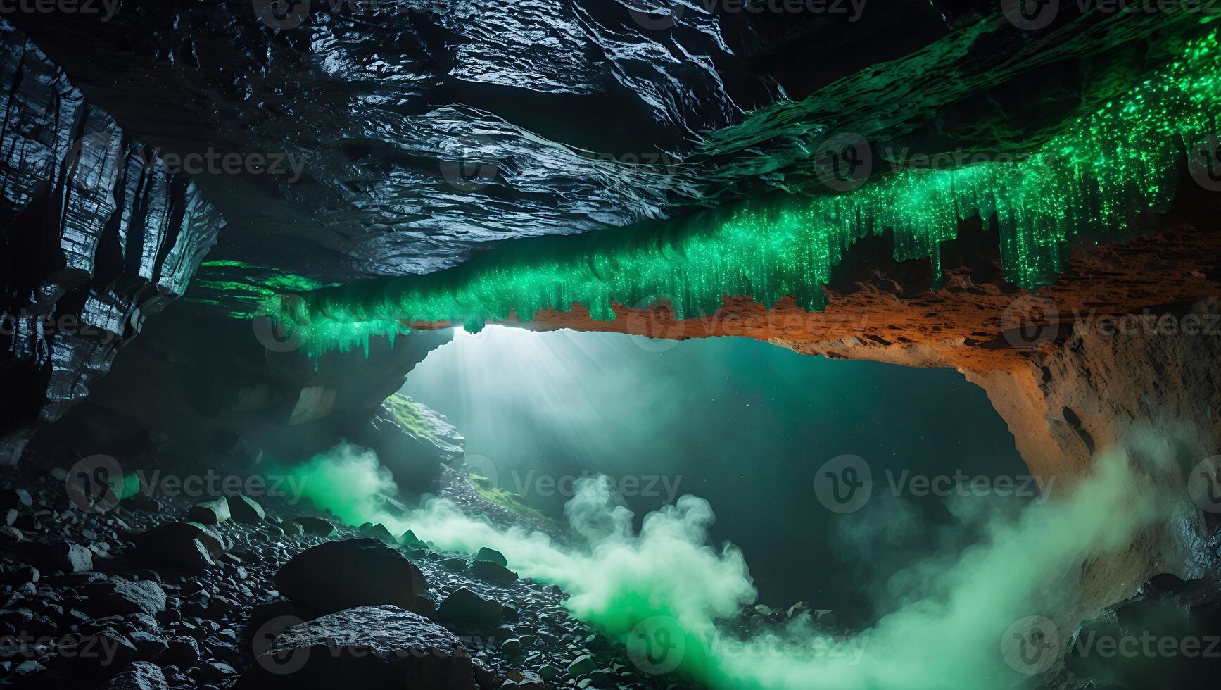 Exploring Dark Cave with Glowing Formations and Rising Smoke Effect photo