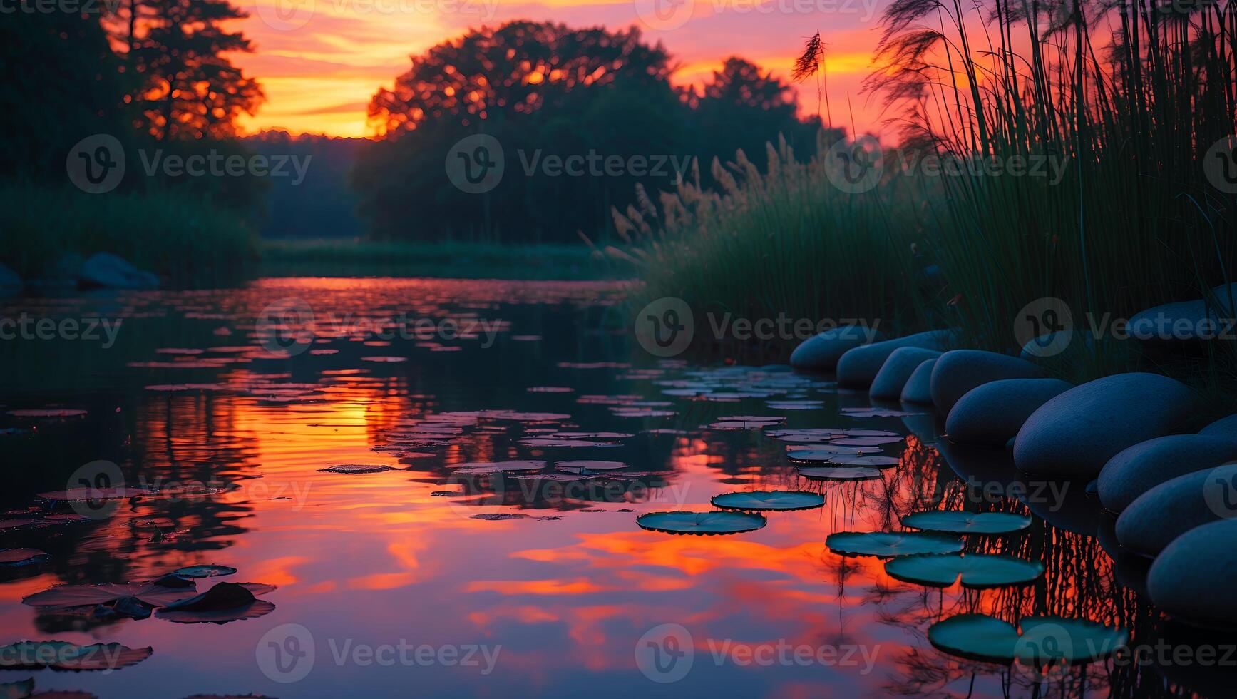 Calm Lake Reflection at Sunset with Lily Pads and Stones photo