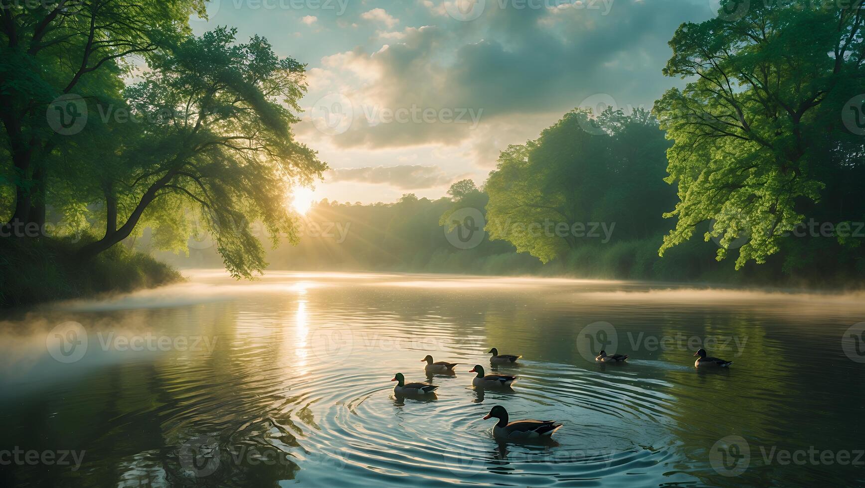Ducks Swimming on Misty Lake at Sunrise Surrounded by Green Trees photo