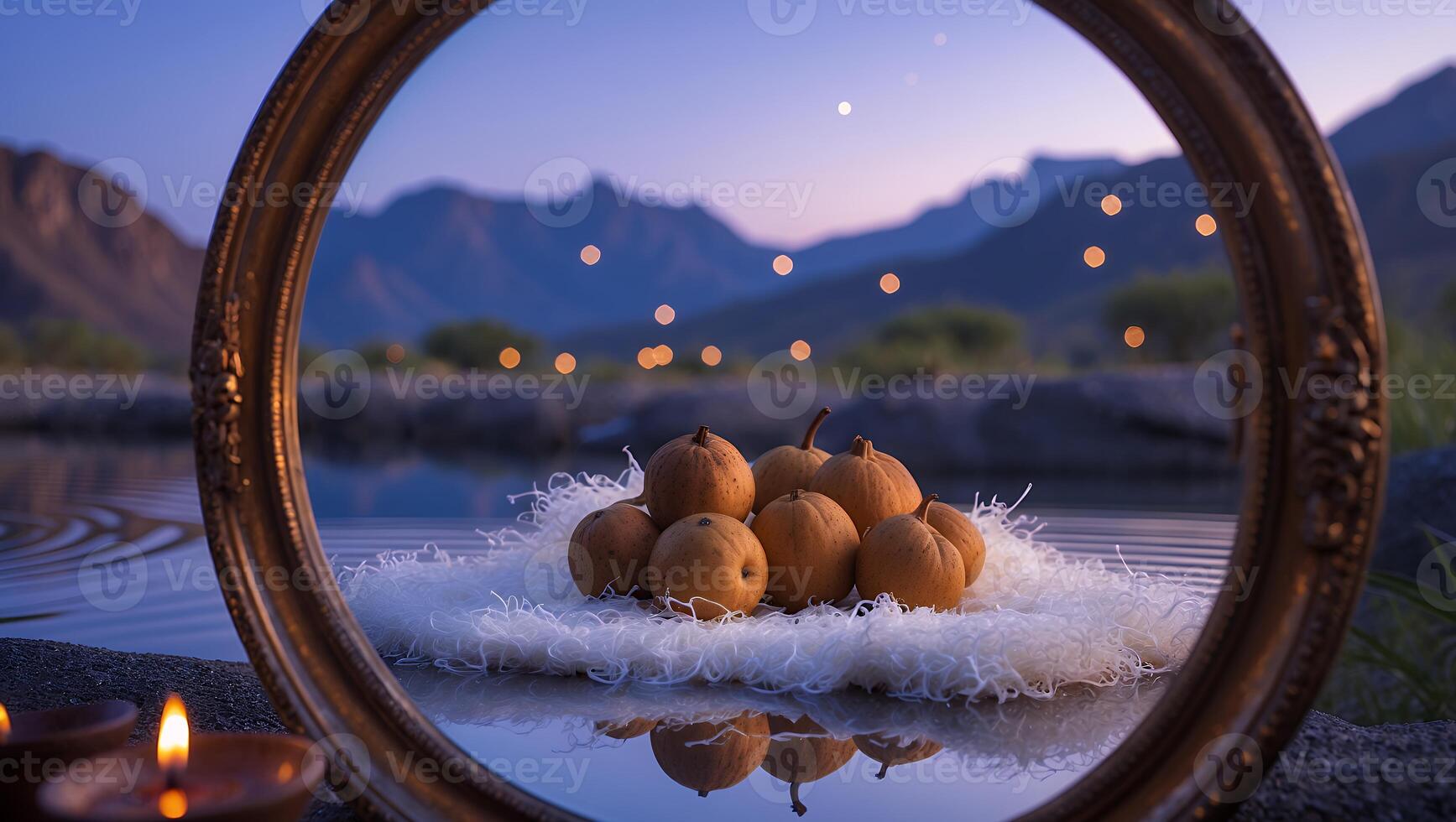 Oranges in Mirror Reflecting Lake at Dusk, Soft Lighting photo