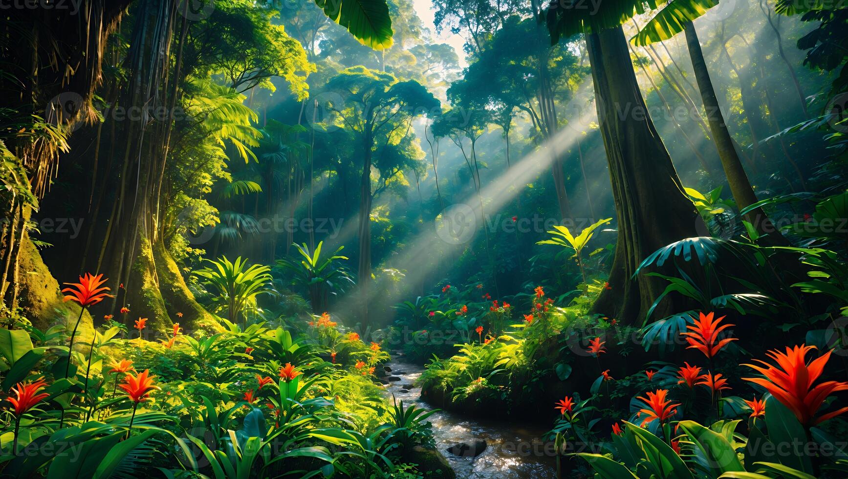 Stream Flowing Through Lush Tropical Forest with Sun Rays Shining Through photo